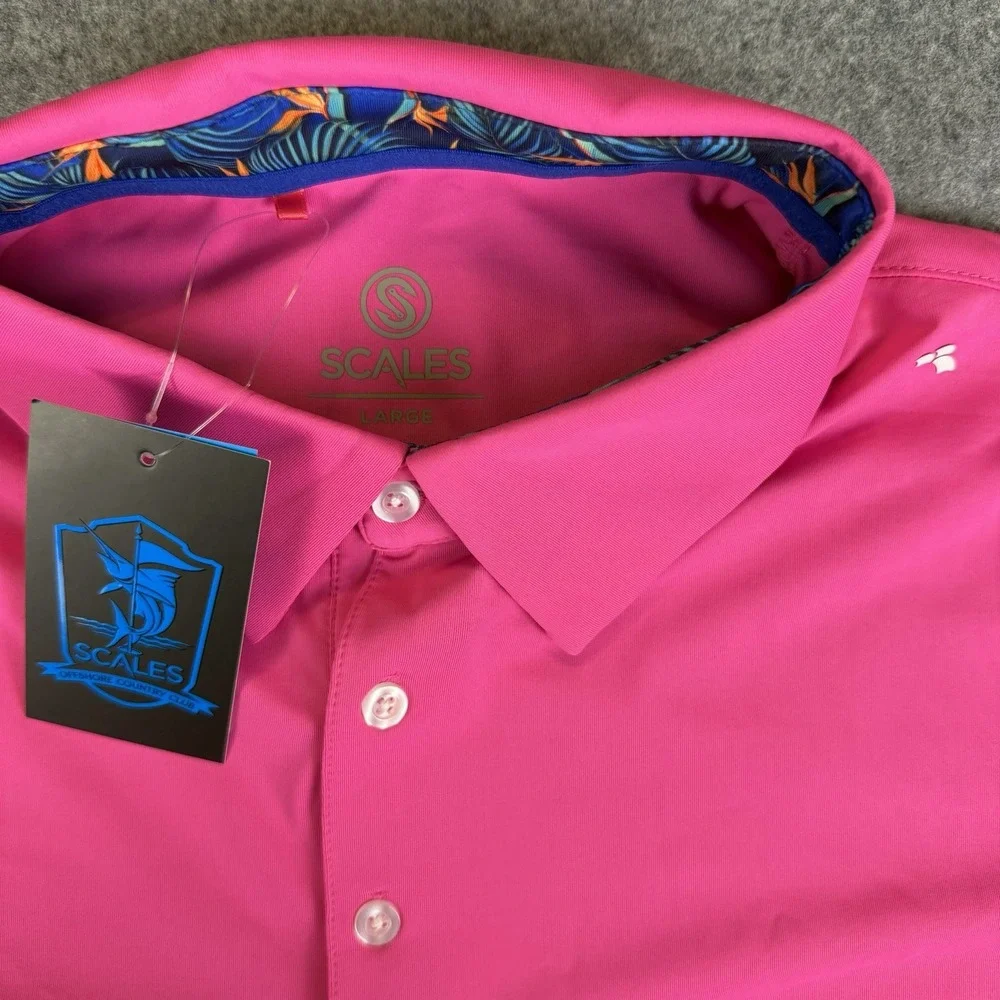 Scales Polo Shirt Mens Large L Hot Pink Tropical Floral Collar Fish Golf Top New